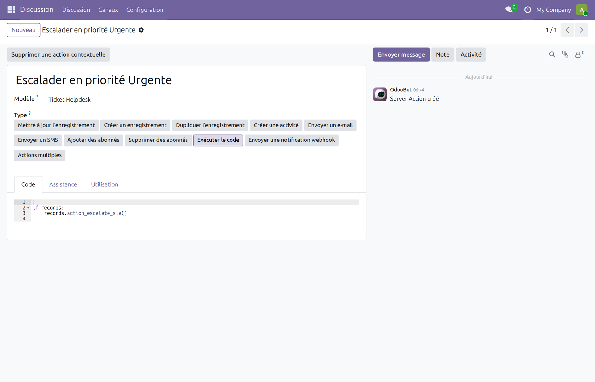 Form ir.actions.server dans l'UI Odoo avec code Python et binding