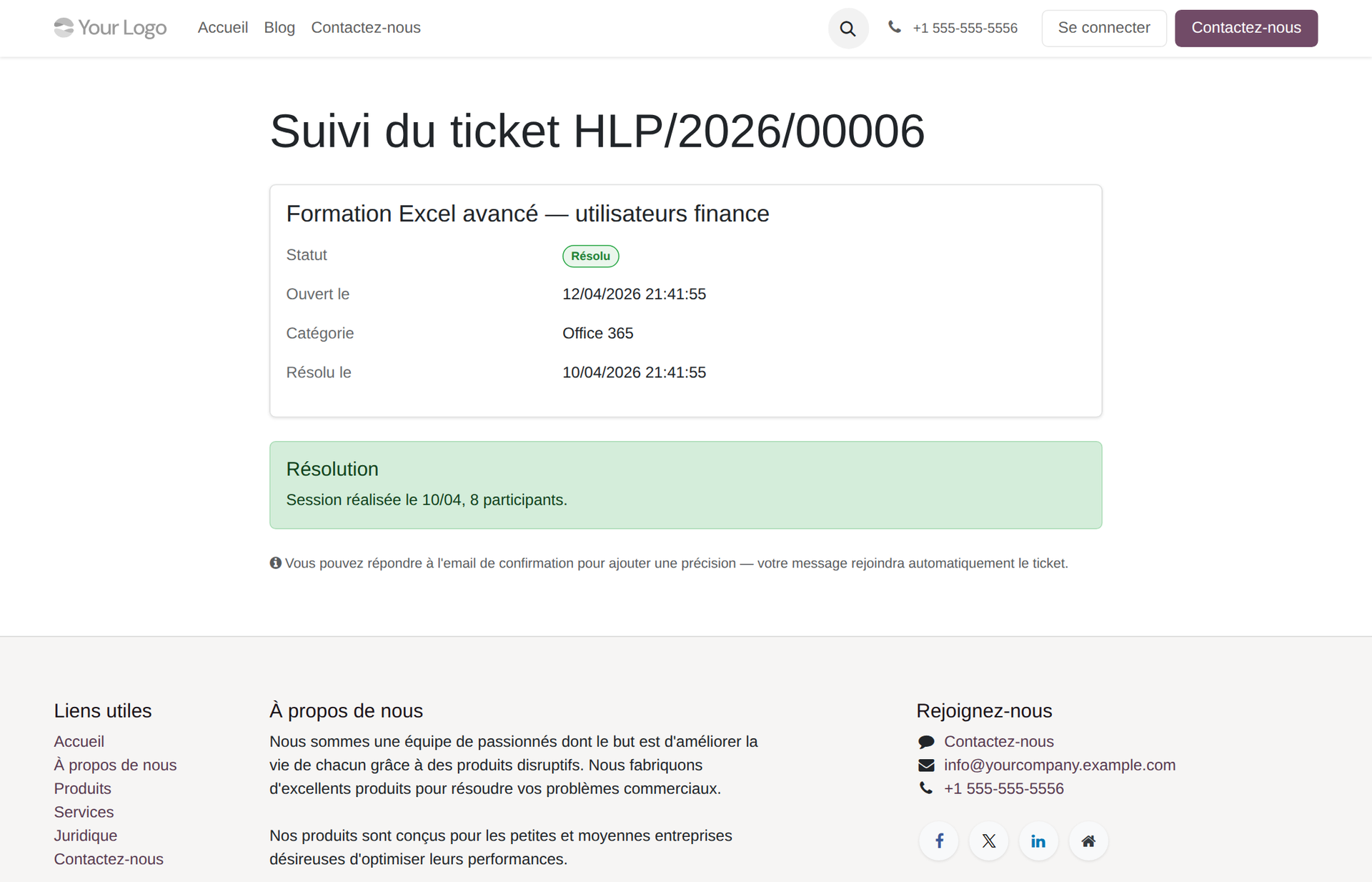 Page publique /helpdesk/status/HLP/2026/00006 rendue avec le layout website