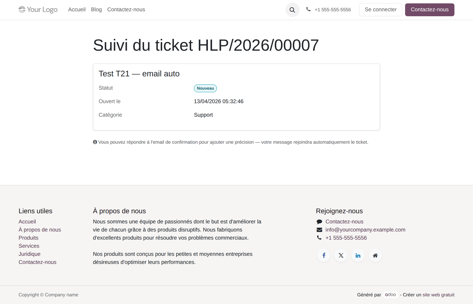 Page publique avec ticket en statut Nouveau