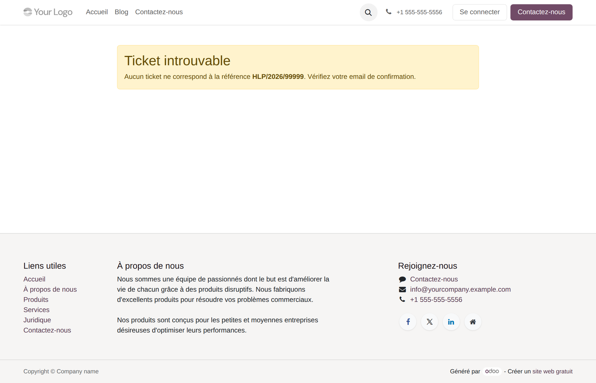 Page publique avec message d'erreur 'Ticket introuvable'