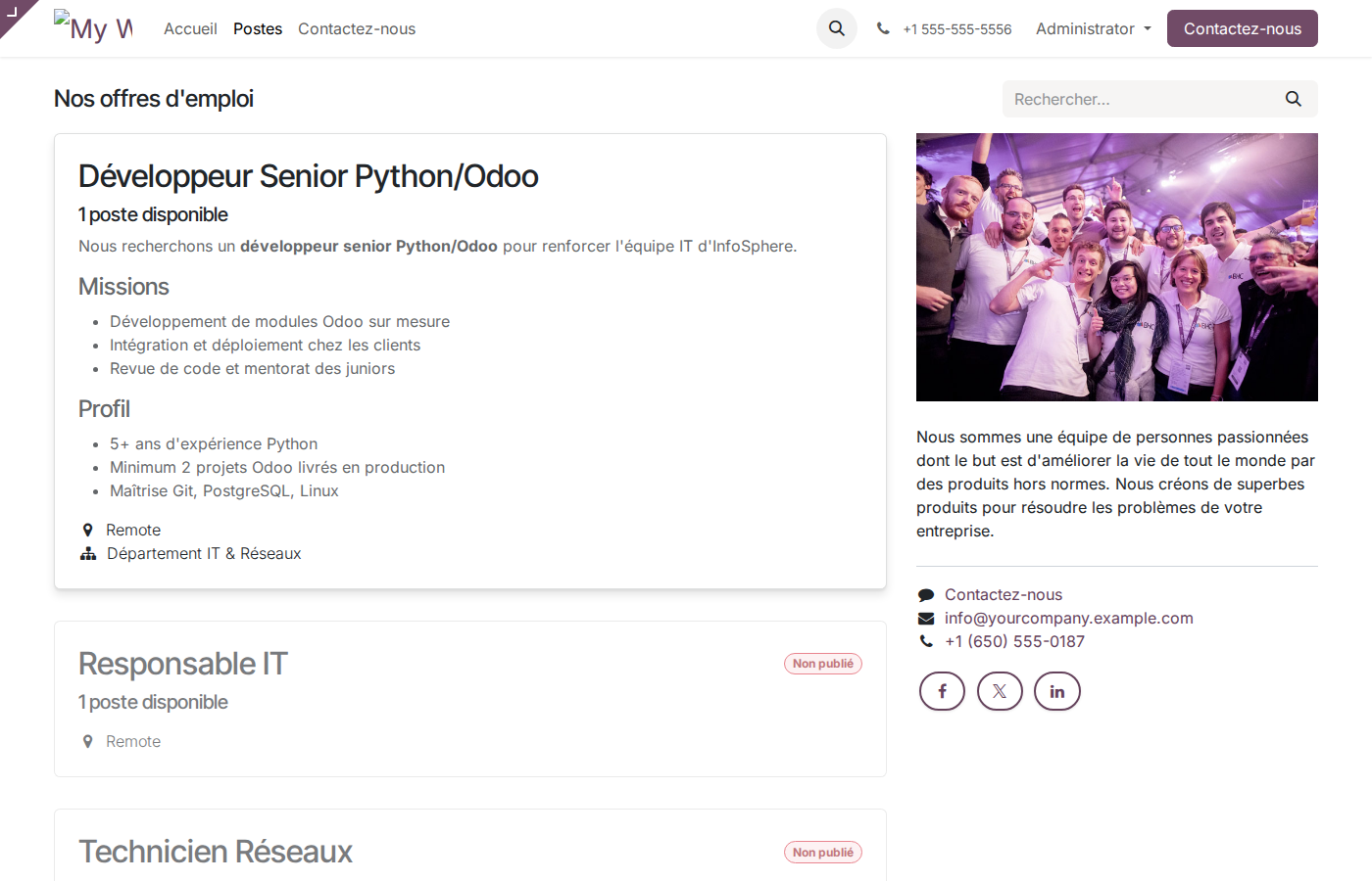 Page publique /jobs affichant les offres ouvertes