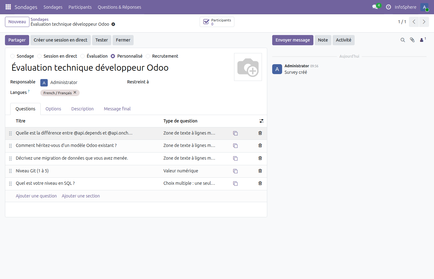Formulaire Évaluation technique développeur Odoo — 5 questions