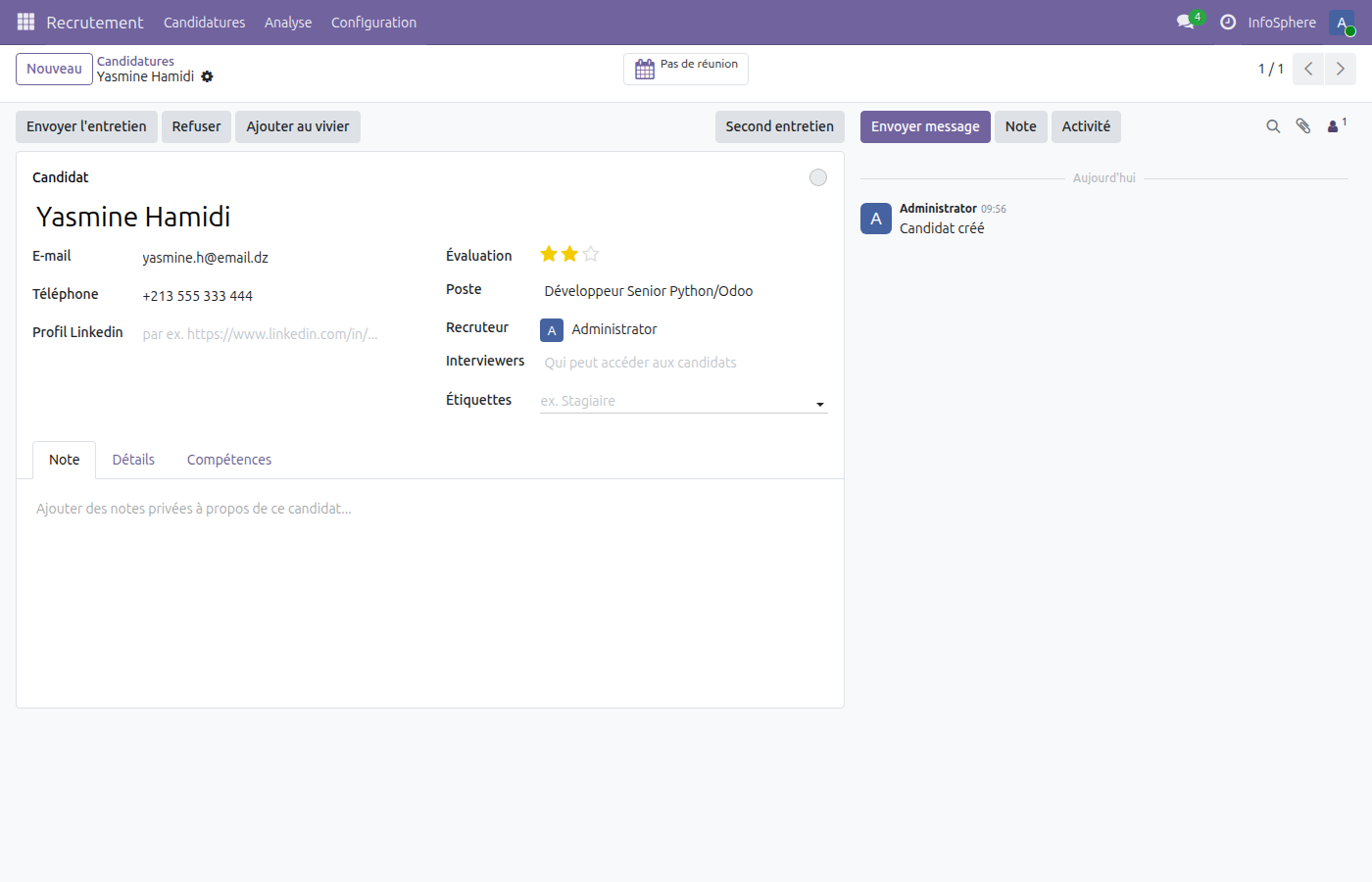 Fiche candidat avec chatter et activités planifiées