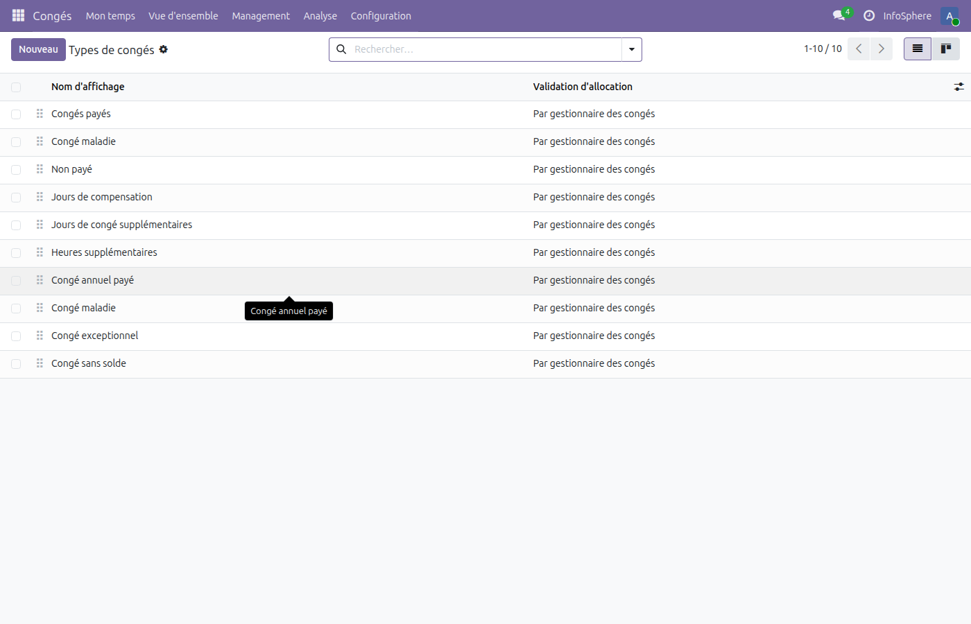 Configuration des types de congés InfoSphere