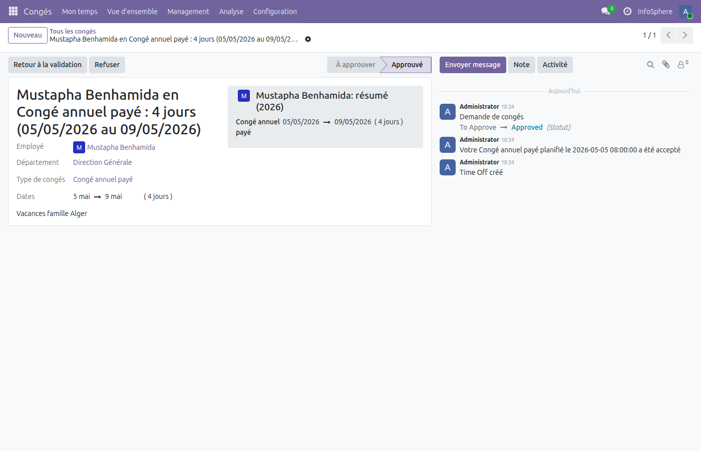 Formulaire de demande de congé de Mustapha Benhamida
