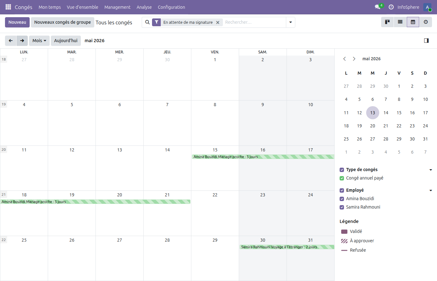 Calendrier équipe — vue d'ensemble des congés validés
