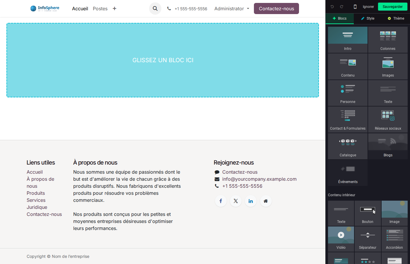 Vue du Website Builder avec snippets et panneau de personnalisation