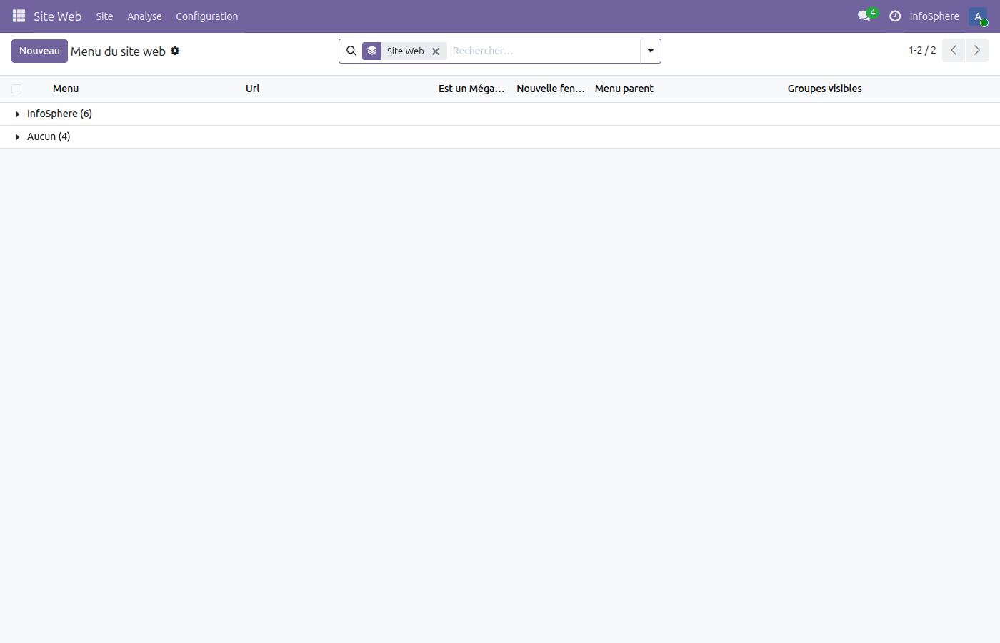 Configuration du menu principal InfoSphere