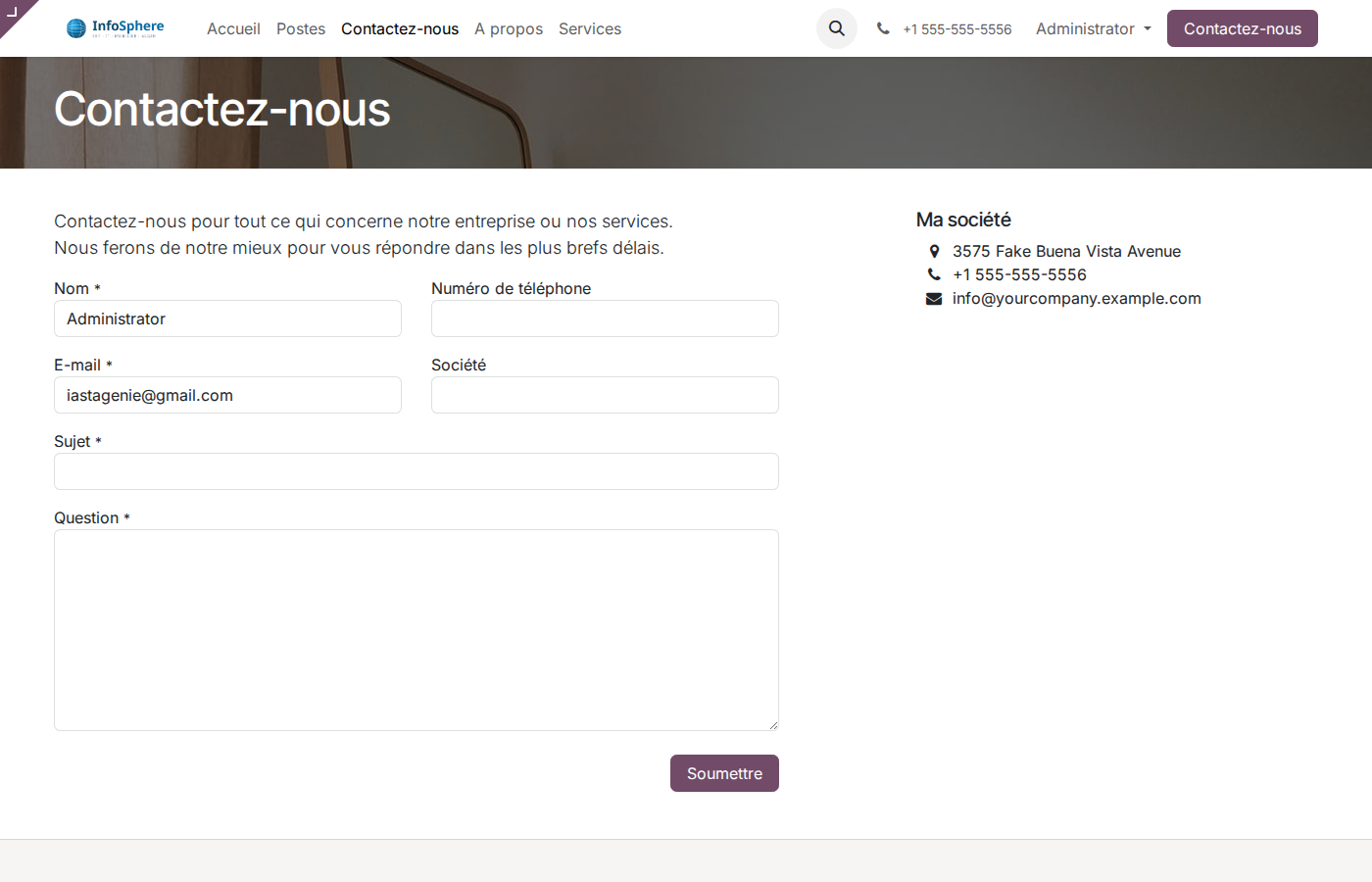 Page Contact InfoSphere avec formulaire opérationnel