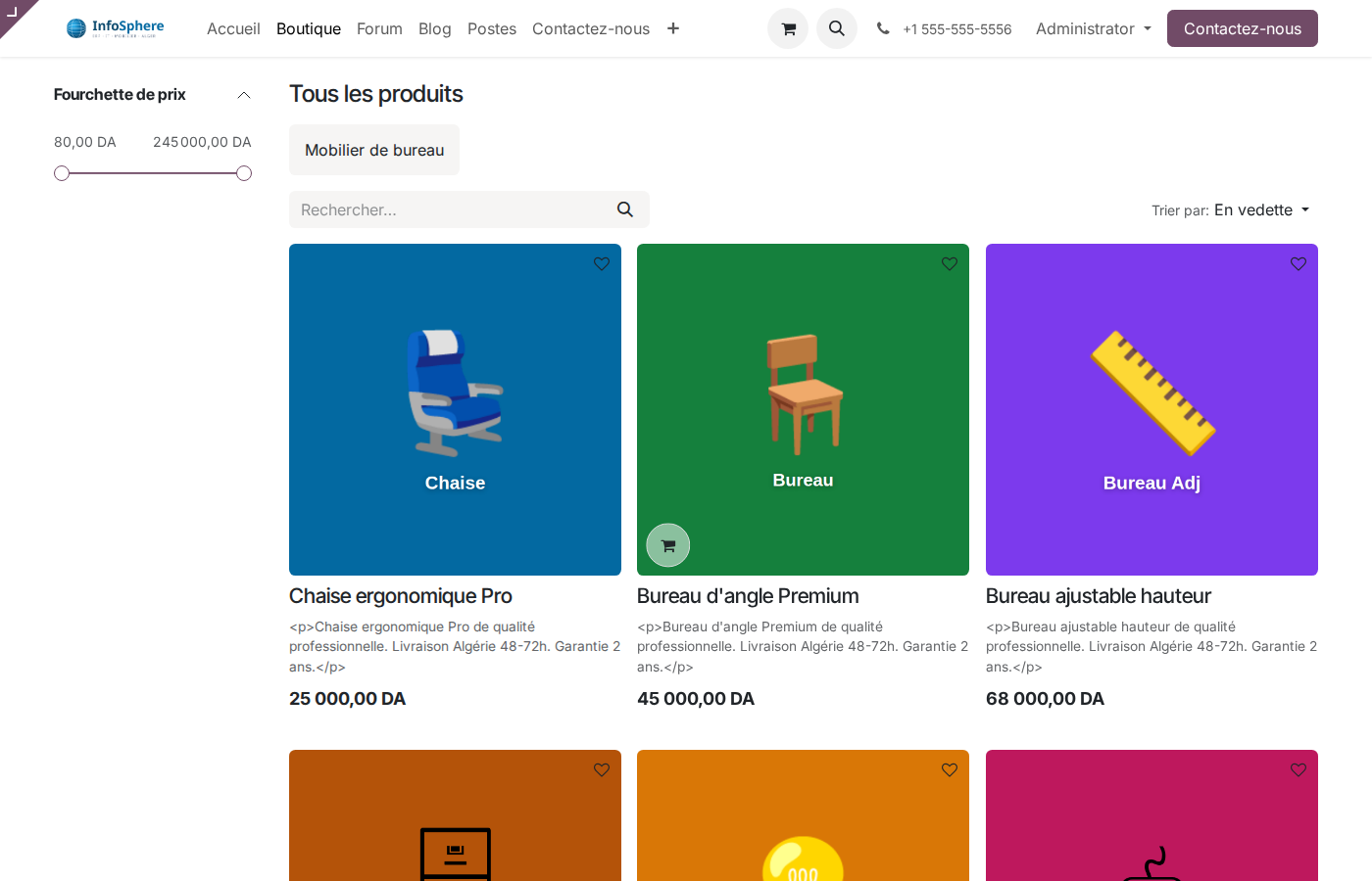 Page boutique InfoSphere avec 6 produits