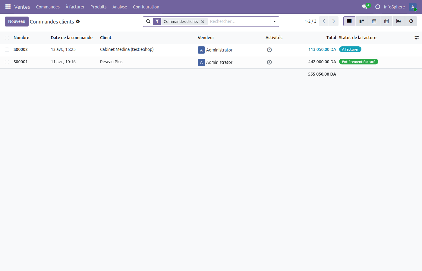 Liste des commandes eCommerce InfoSphere