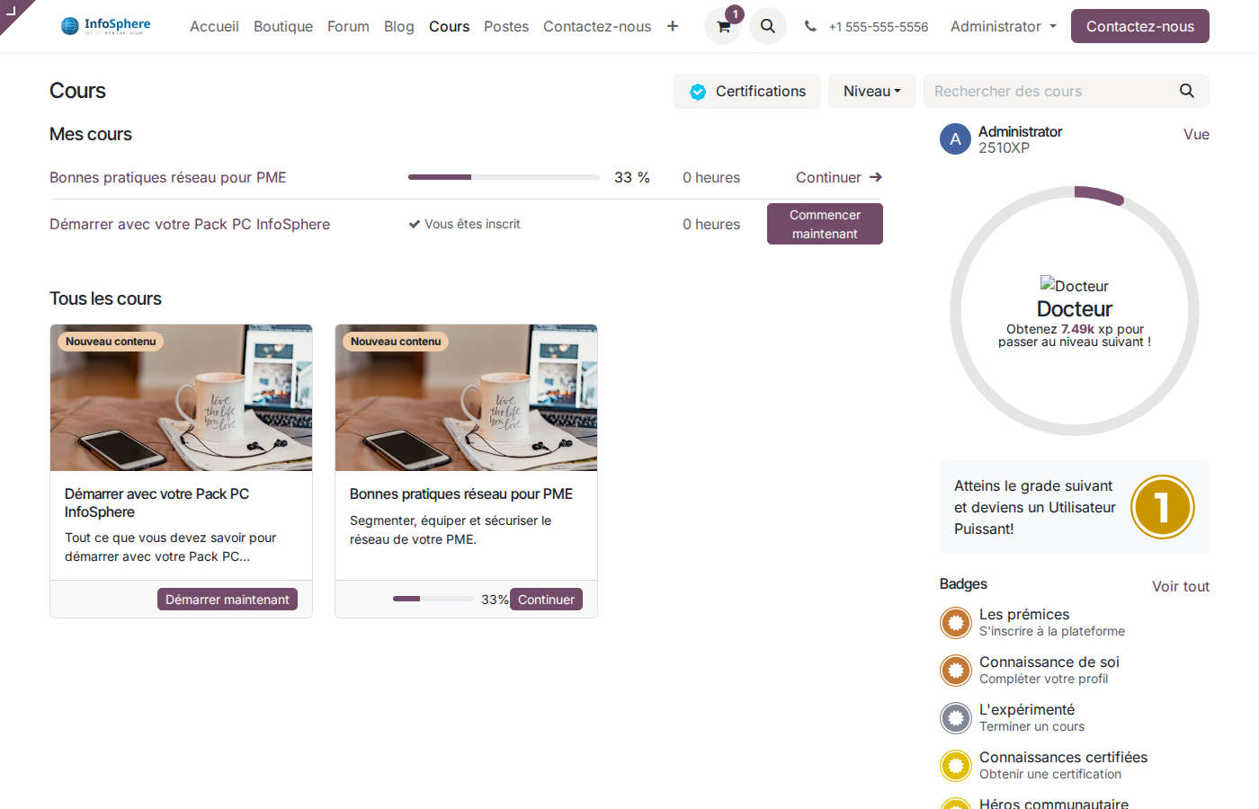 Plateforme eLearning publique InfoSphere avec les 2 cours