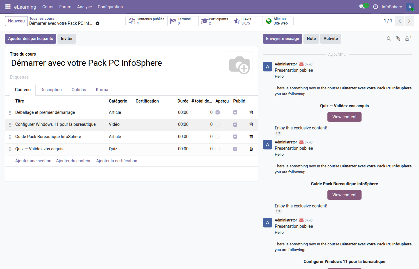 Backoffice form du cours Pack PC InfoSphere avec 4 slides