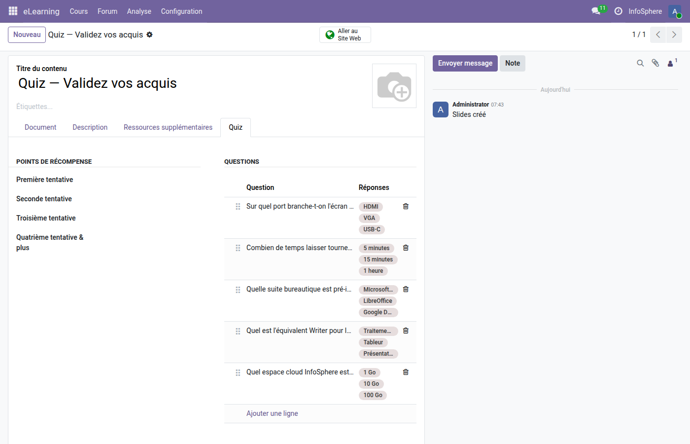 Onglet Quiz backoffice avec les 5 questions du Pack PC