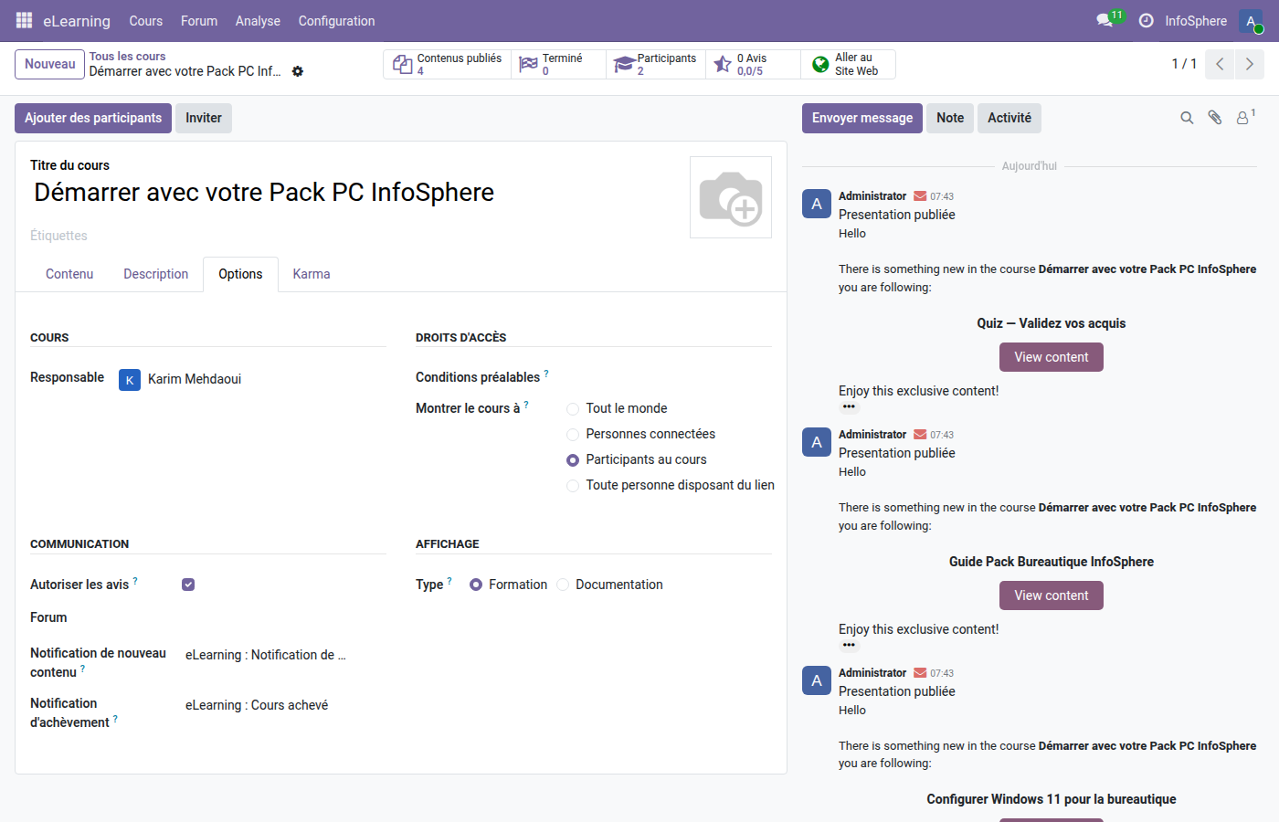 Options configuration accès cours Pack PC (invite/members)