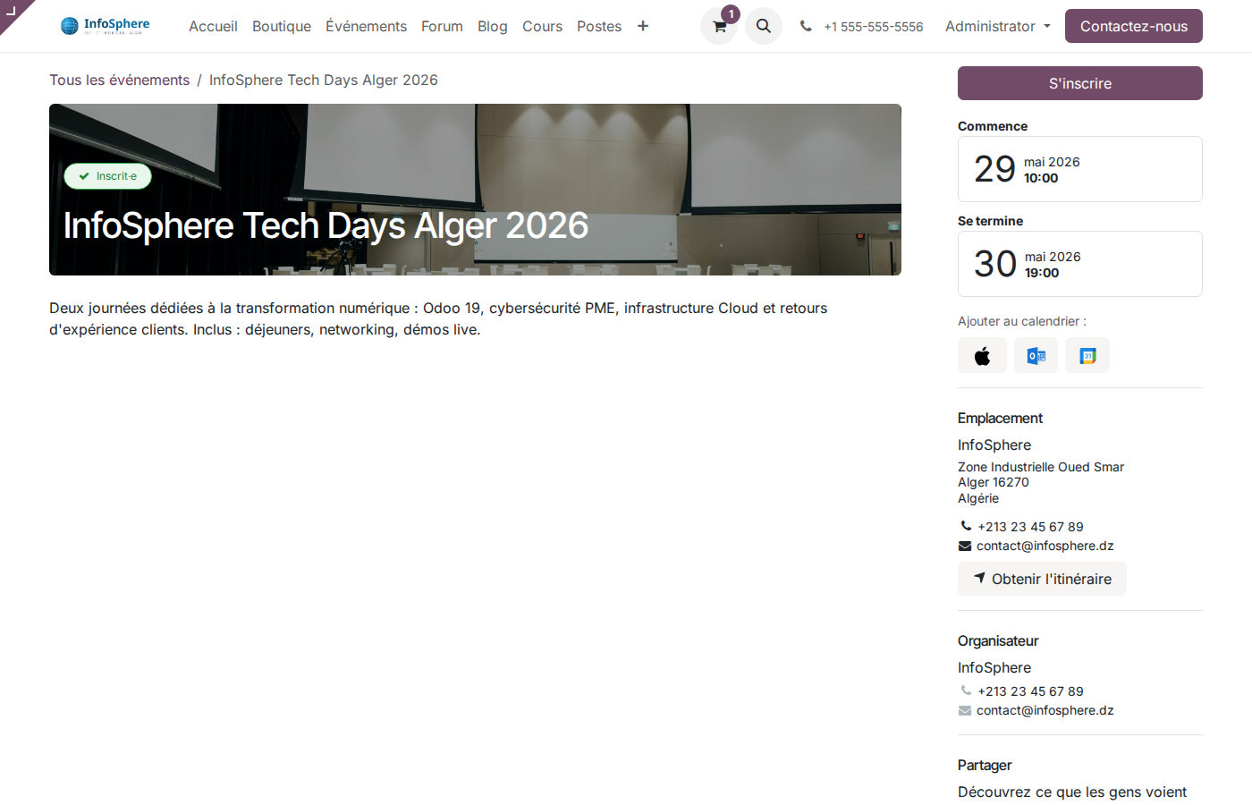 Page publique Tech Days avec tickets et formulaire inscription