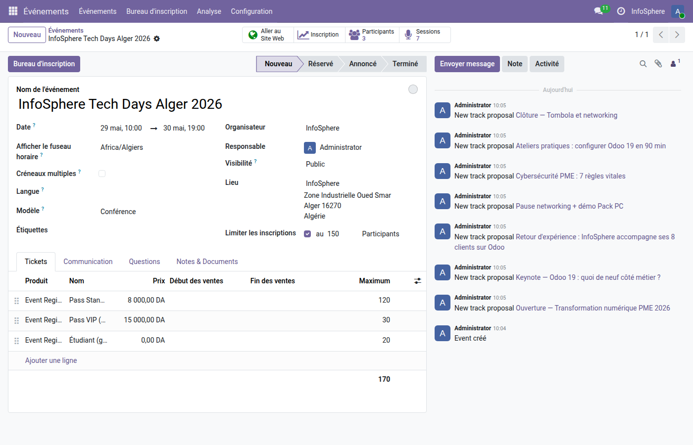 Onglet Tickets du Tech Days avec Standard VIP Étudiant