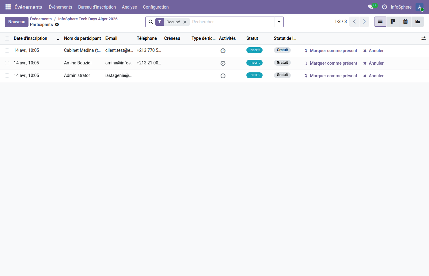 Liste des inscriptions au Tech Days avec statuts