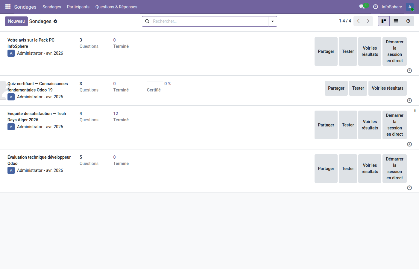 Kanban backoffice des 3 sondages InfoSphere