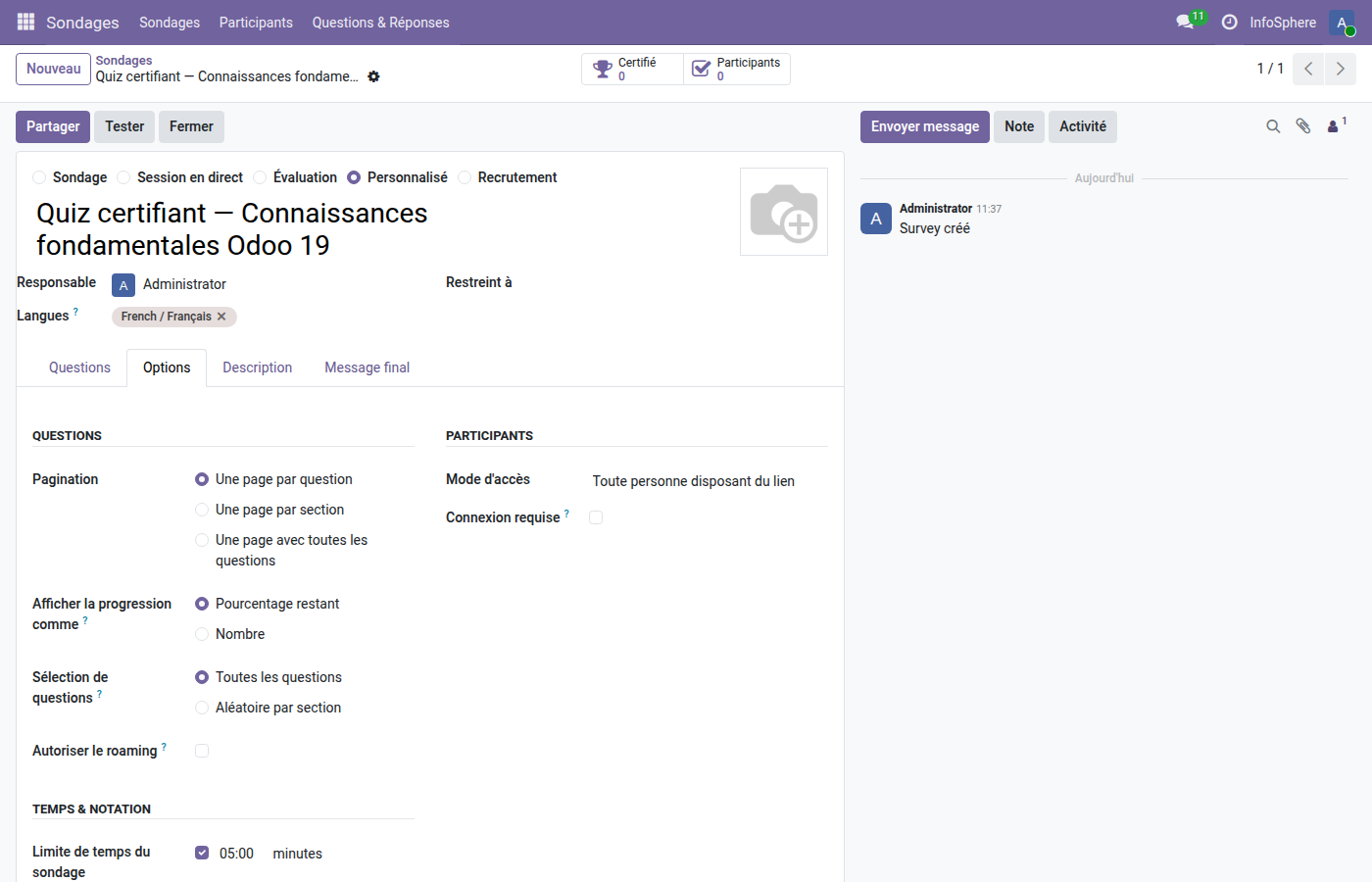 Onglet Options du quiz certifiant — scoring attempts time