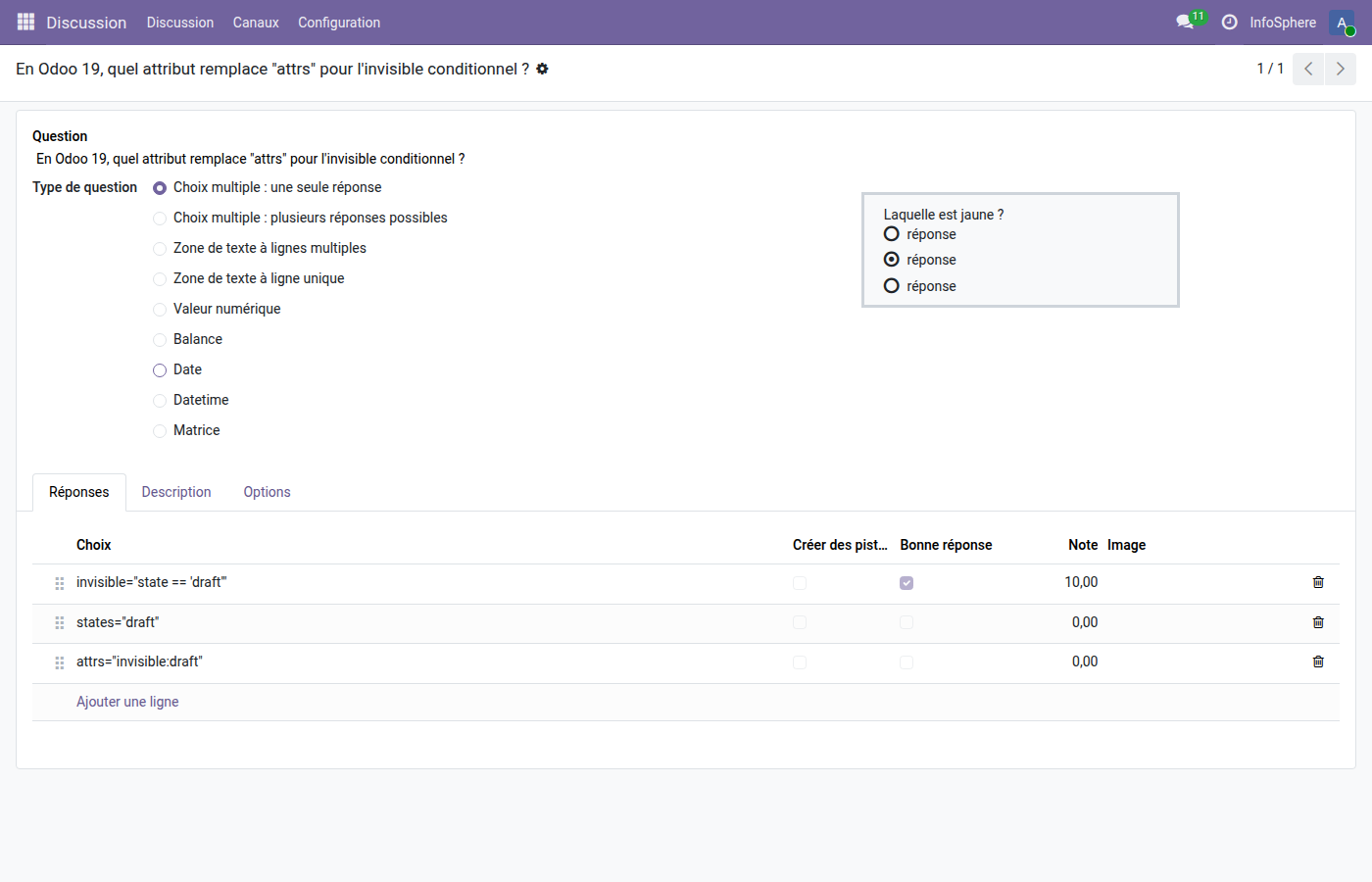 Formulaire question QCM avec réponses et is_correct