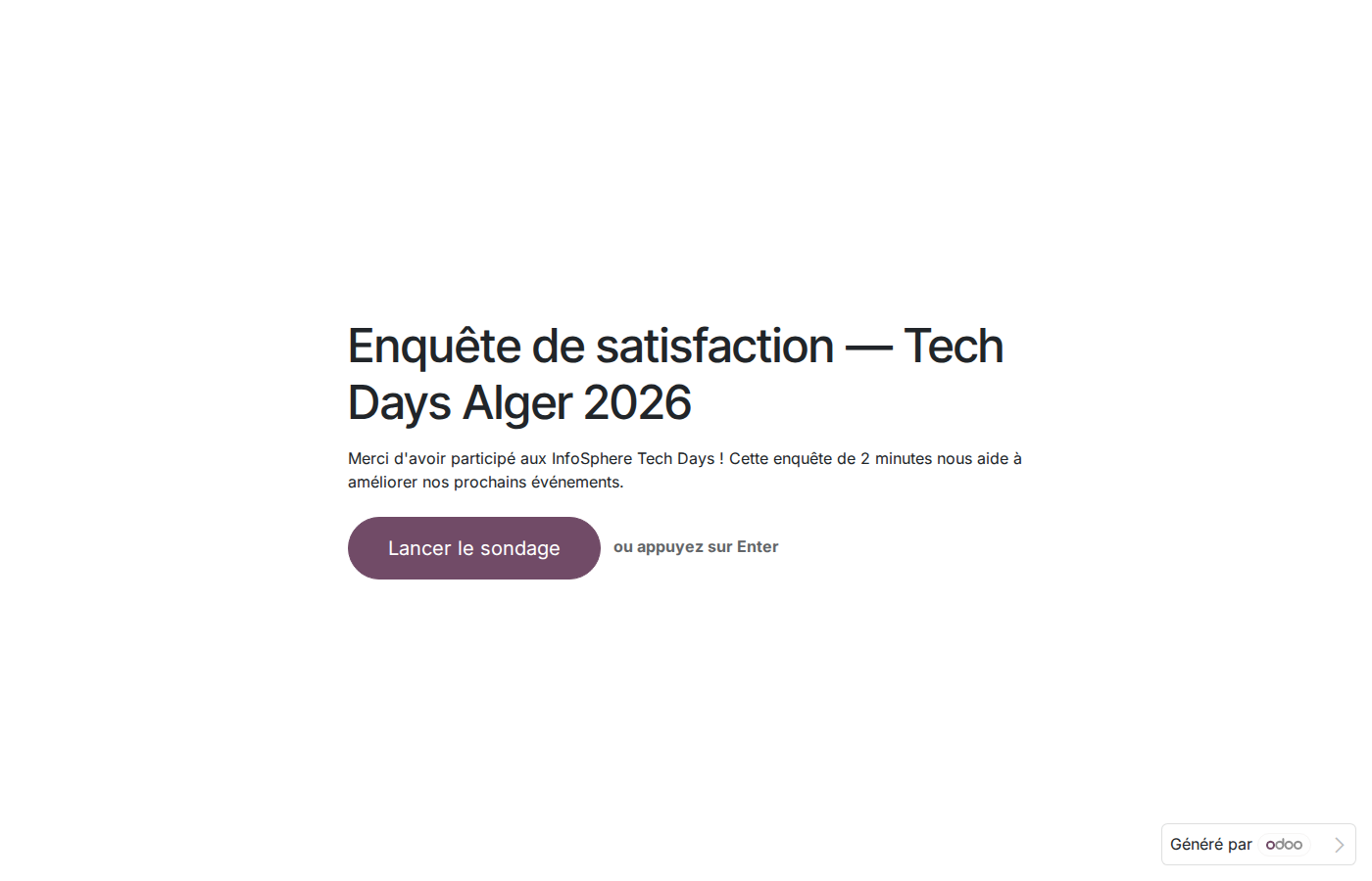 Page publique de démarrage du sondage Tech Days