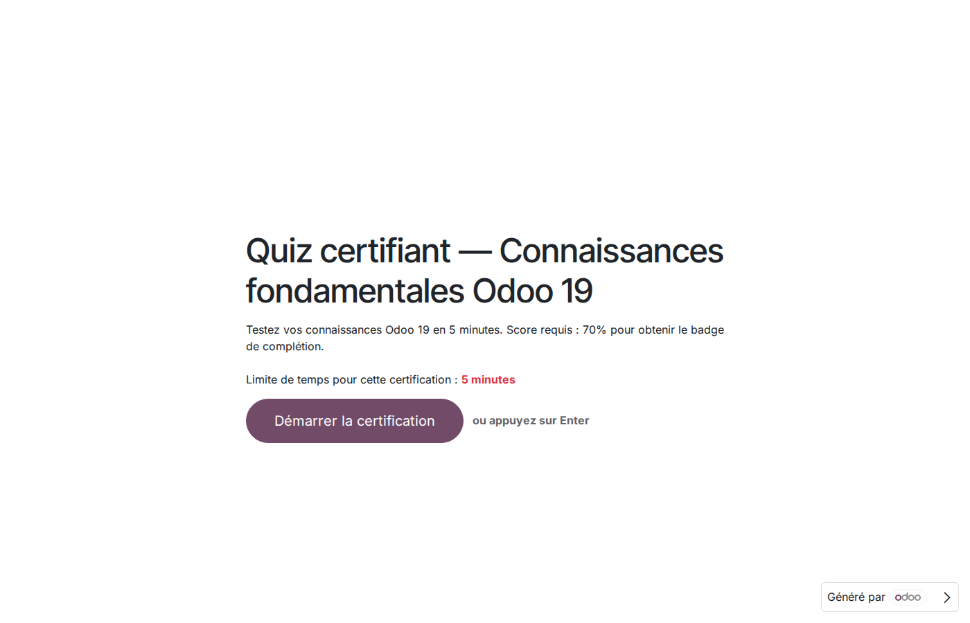 Page publique du quiz certifiant avec timer