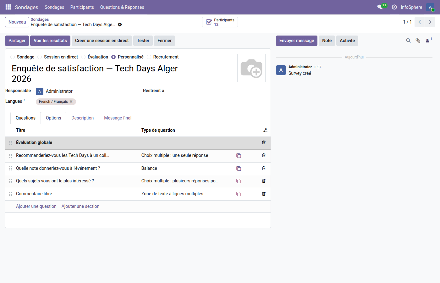 Liste des 12 participations au sondage satisfaction