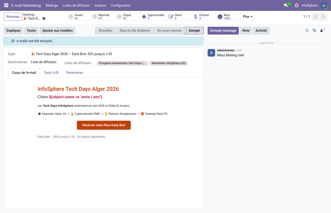 Formulaire mailing Tech Days avec stats et onglets