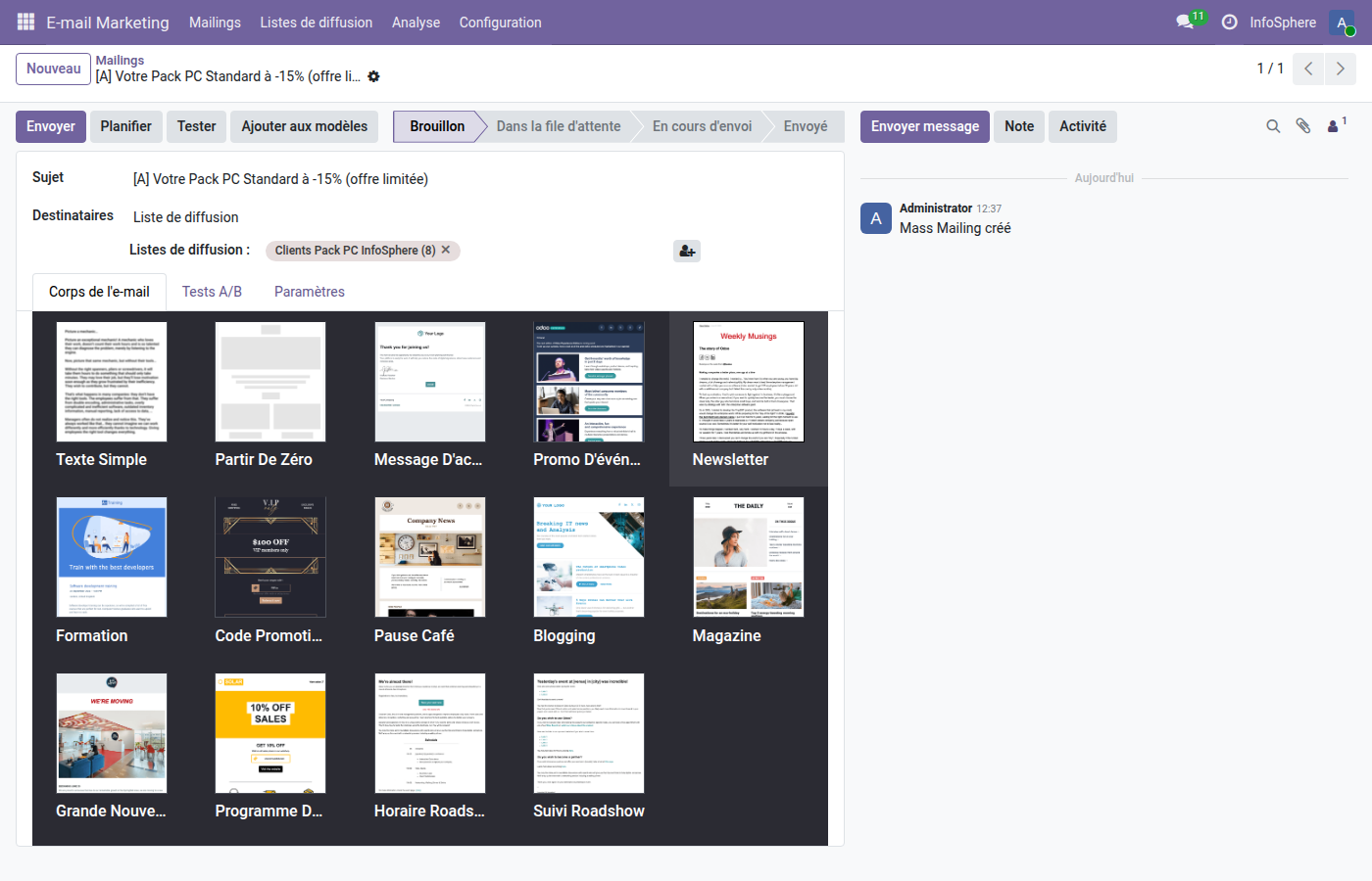 Brouillon mailing A/B test offre fidélité Pack PC