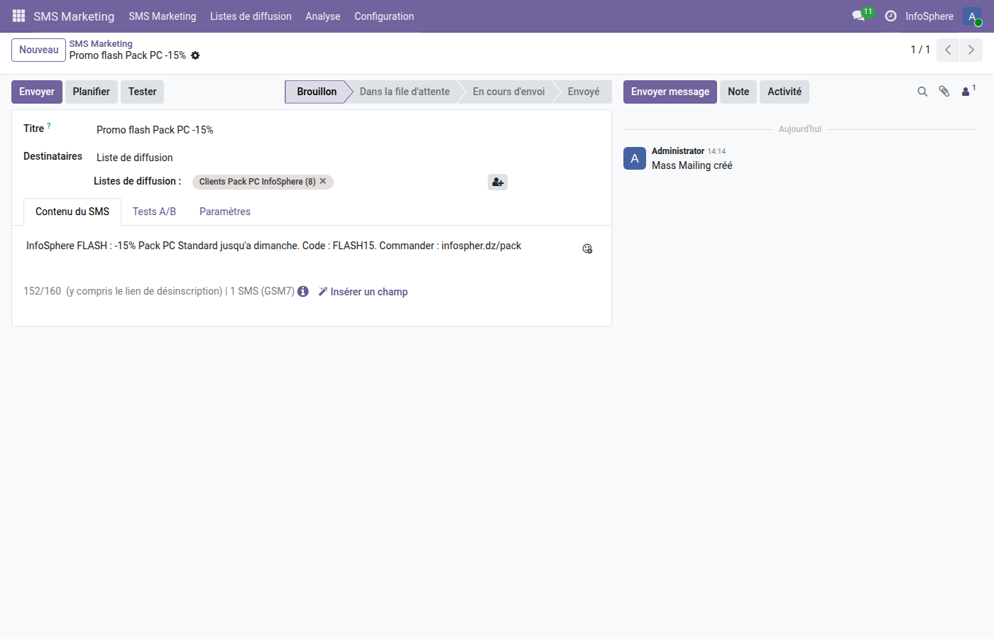 SMS brouillon Promo flash Pack PC -15%