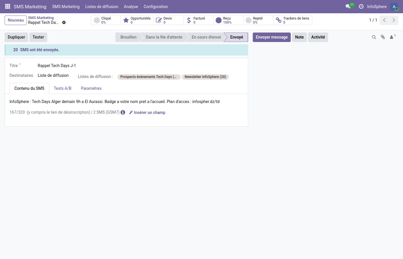 Liste des 20 traces SMS avec statut sent/bounce