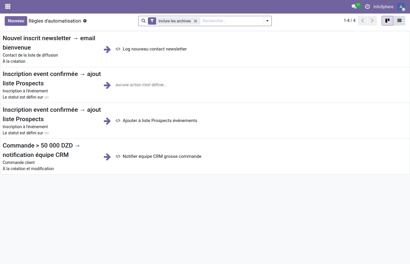 Liste des 3 automation rules InfoSphere