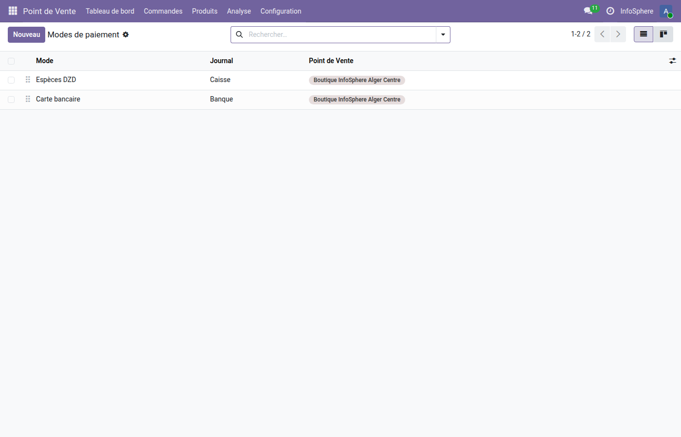 Liste des méthodes de paiement POS InfoSphere