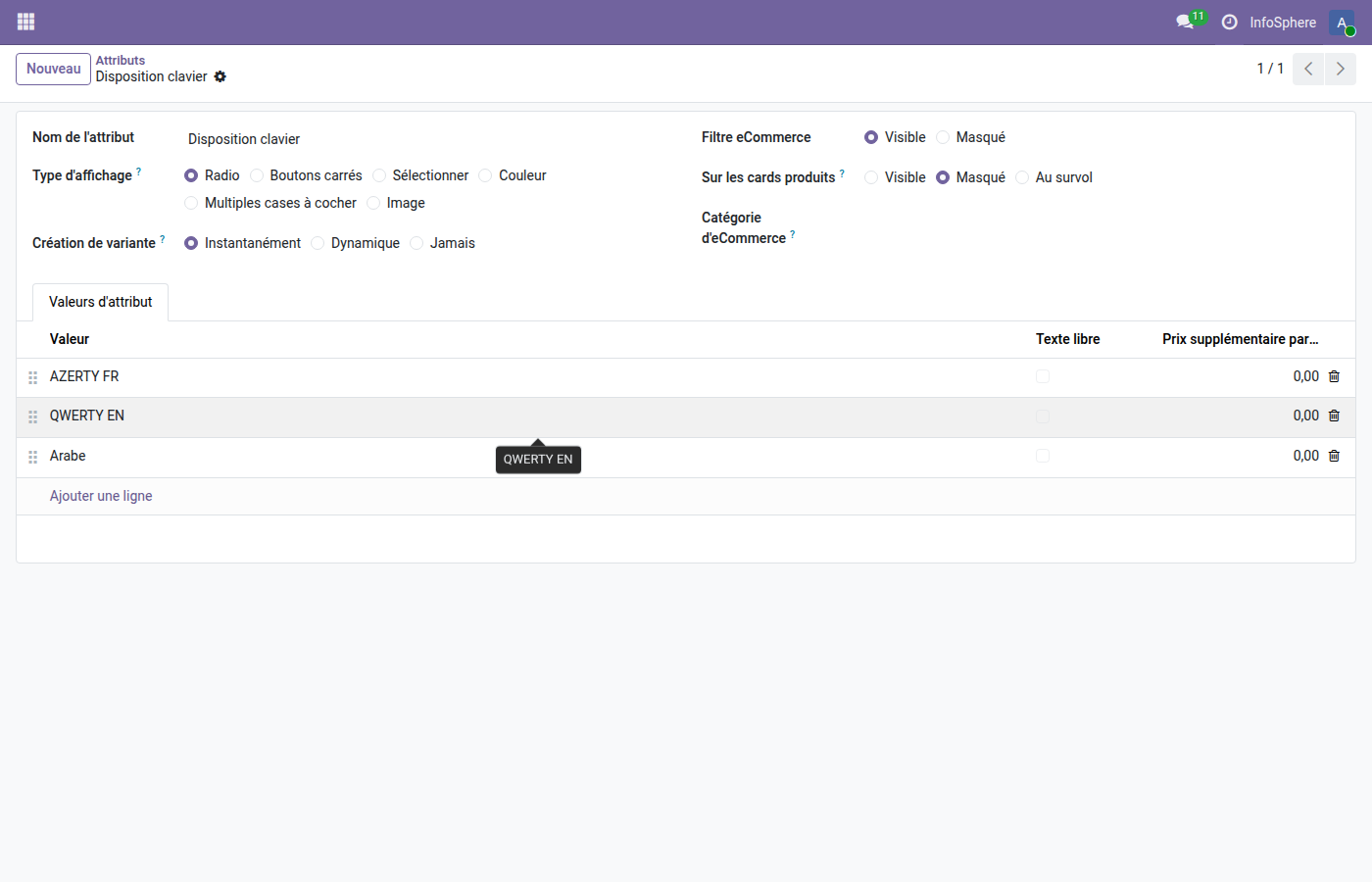 Configuration attribut disposition clavier 3 valeurs