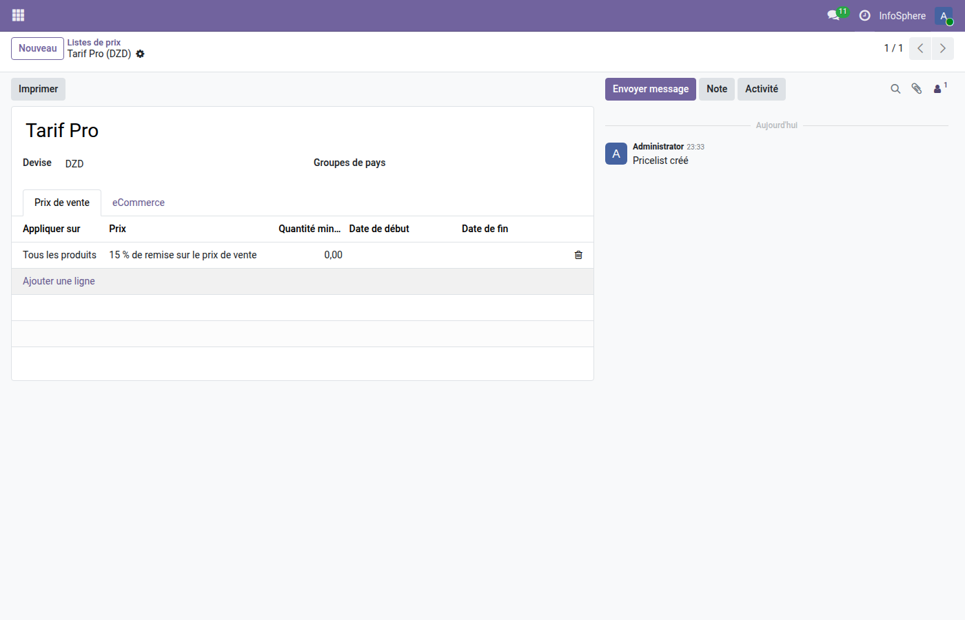 Configuration pricelist Tarif Pro règles remise