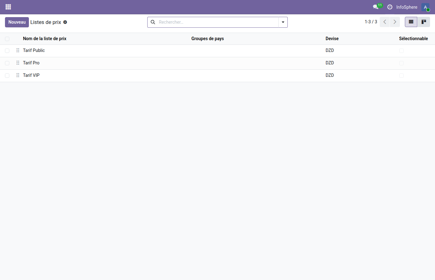 Sélecteur pricelist POS tactile 3 options