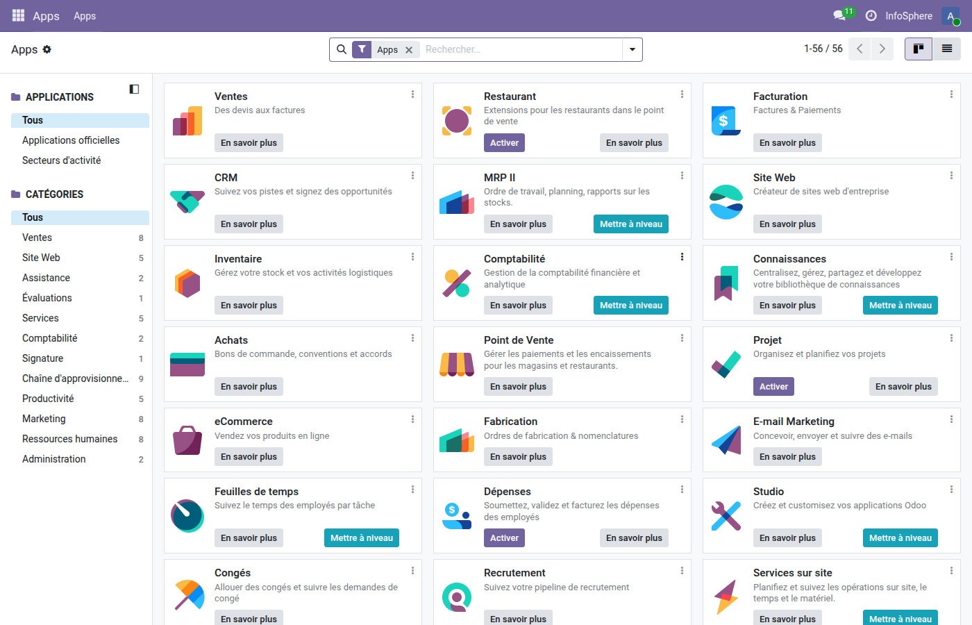 Vue kanban des applications Odoo 19 — CRM, Ventes, Stock, Comptabilité