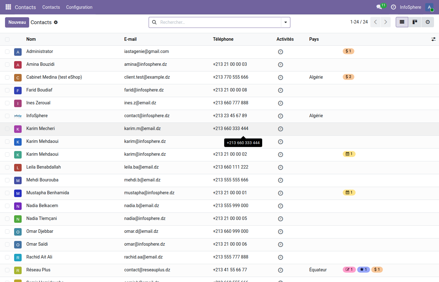 Interface Odoo 19 annotée : menu principal, breadcrumb, barre d'actions, chatter