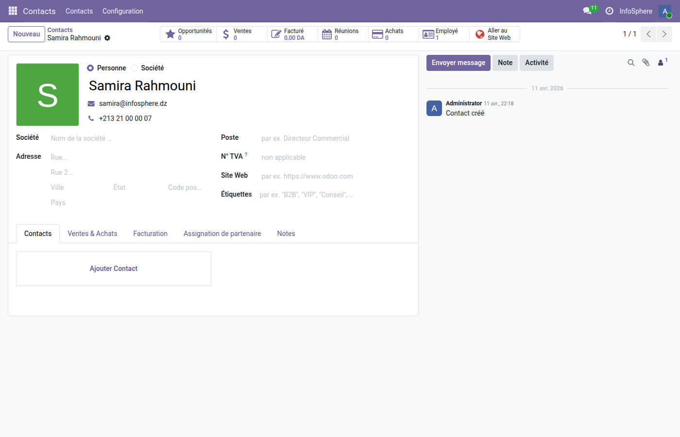 Vue formulaire Odoo 19 — fiche client complète