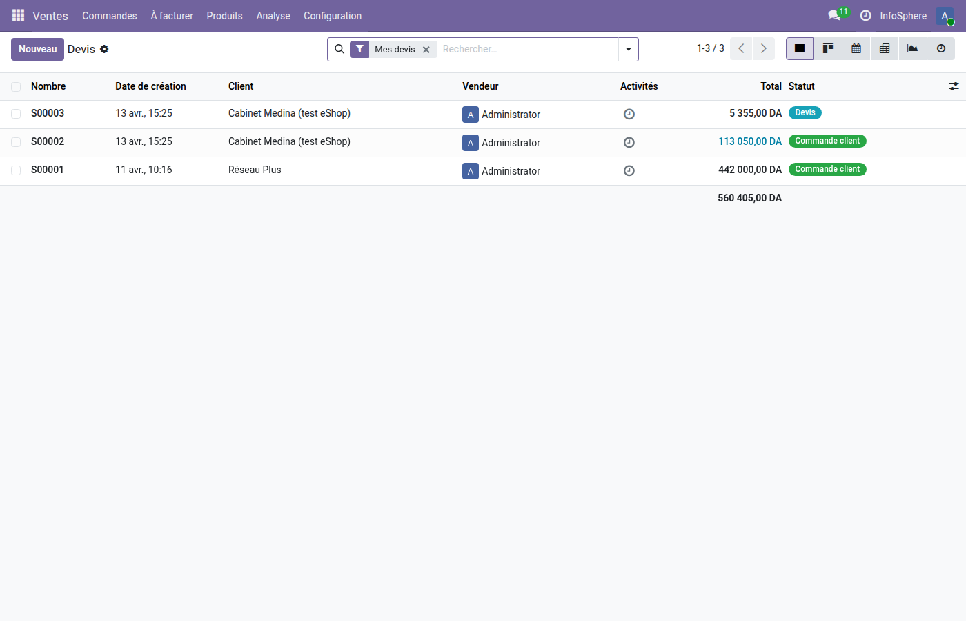 Vue liste Odoo 19 — toutes les commandes avec colonnes triables