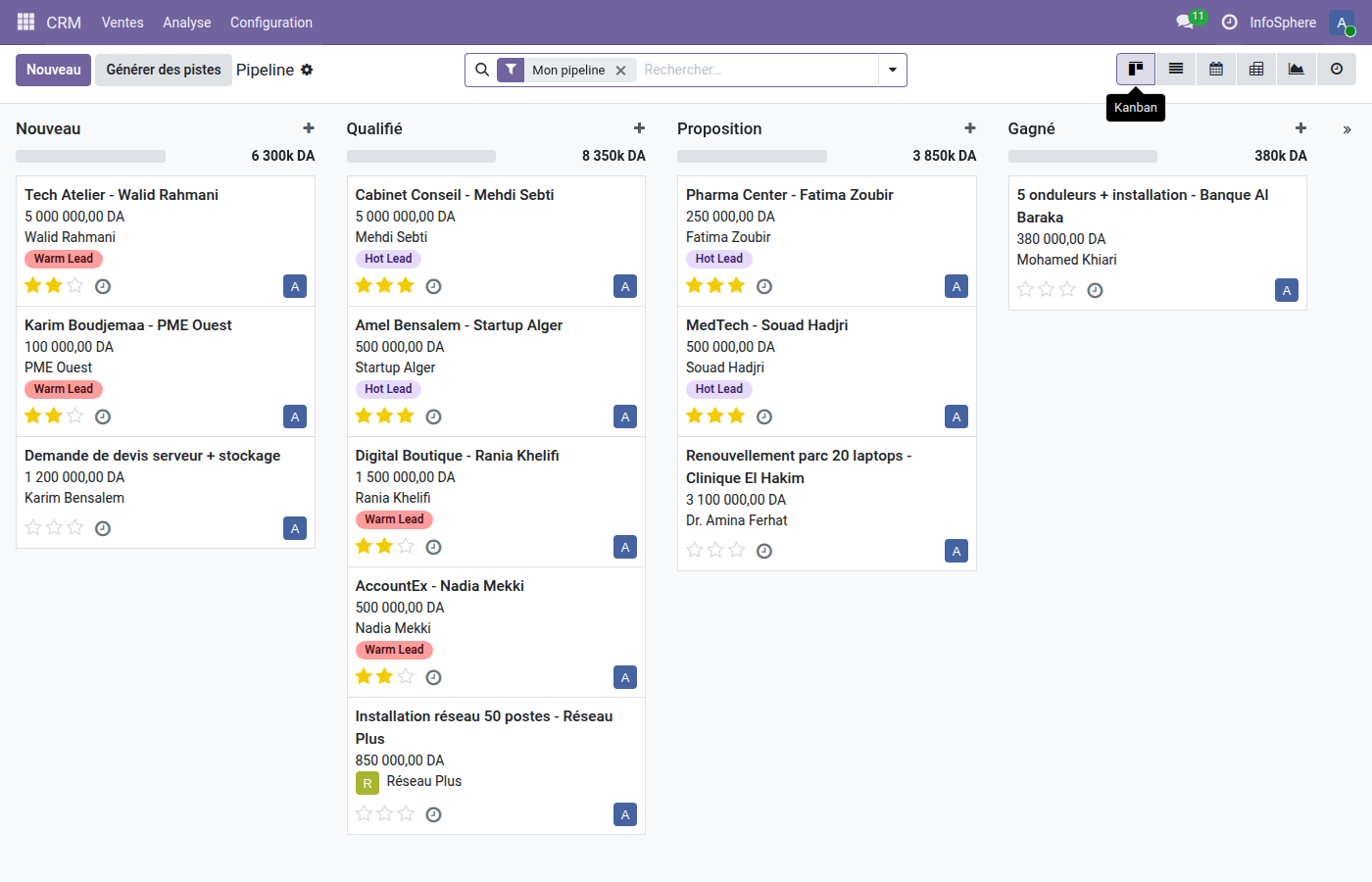 Vue kanban Odoo 19 — pipeline CRM avec colonnes par étape