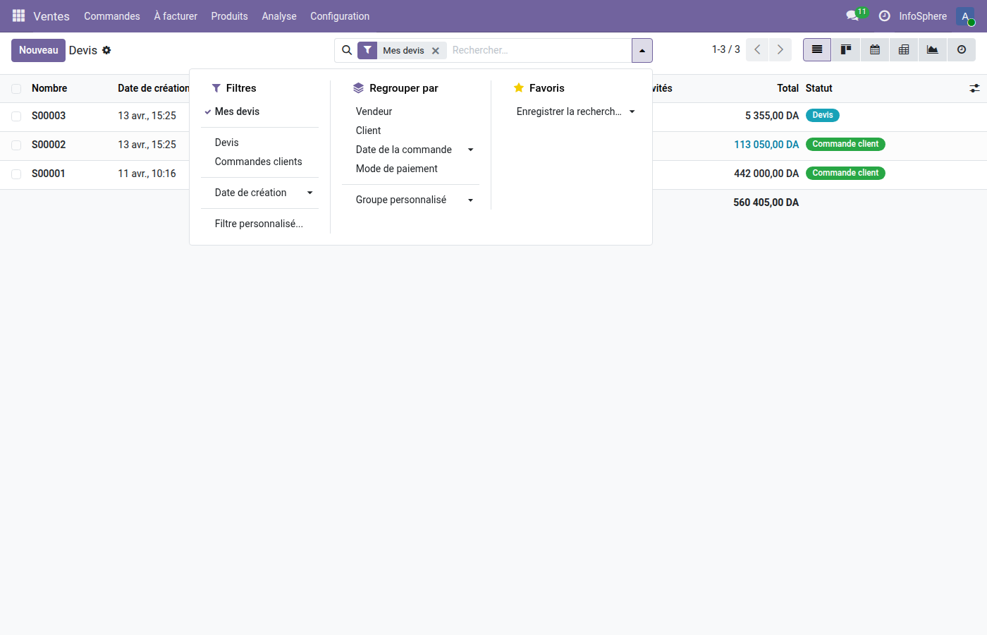 Barre de recherche Odoo 19 ouverte avec filtres et groupements