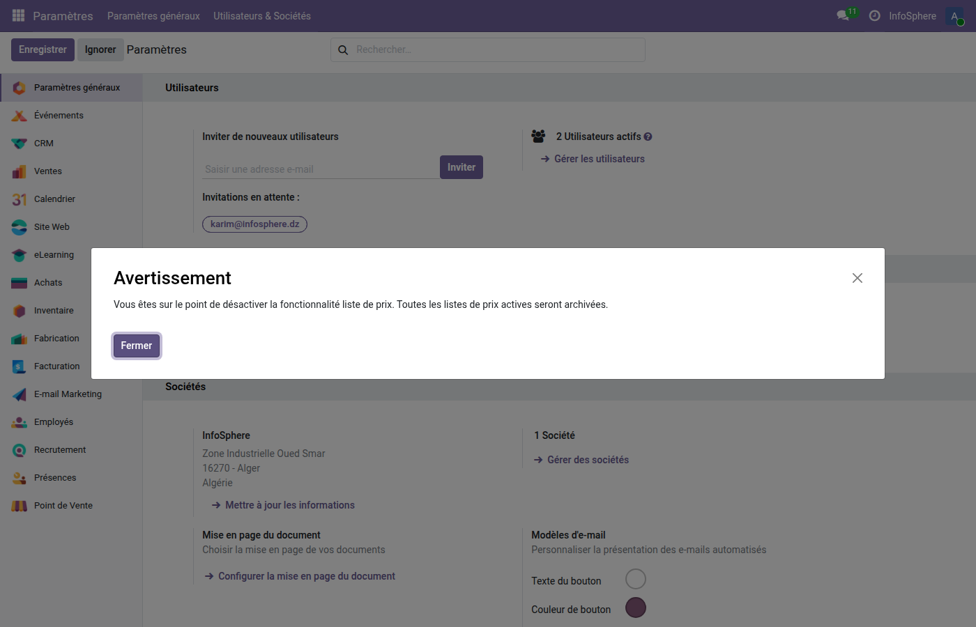 Paramètres Odoo 19 avec lien d'activation du mode développeur