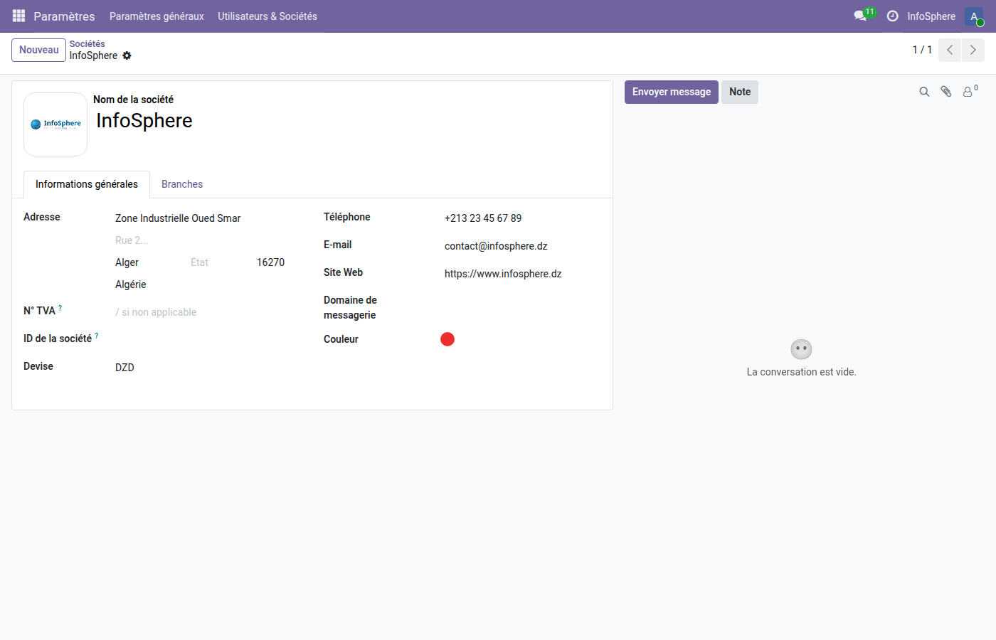 Fiche société Odoo 19 — Le Premier SARL avec logo, adresse et devise DZD