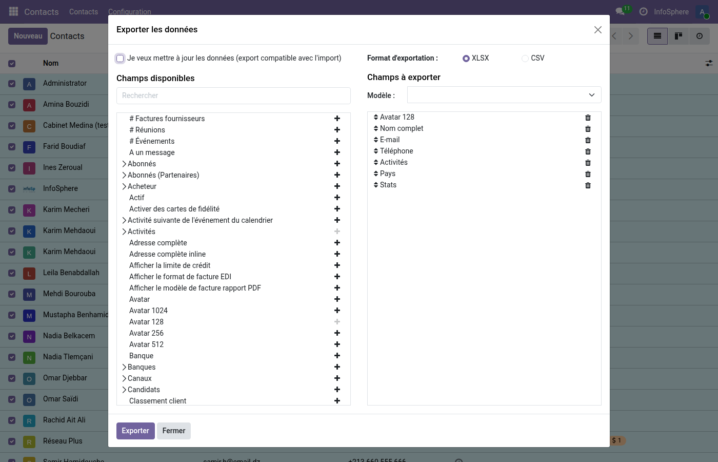 Wizard d'export Odoo 19 — sélection des champs et du format