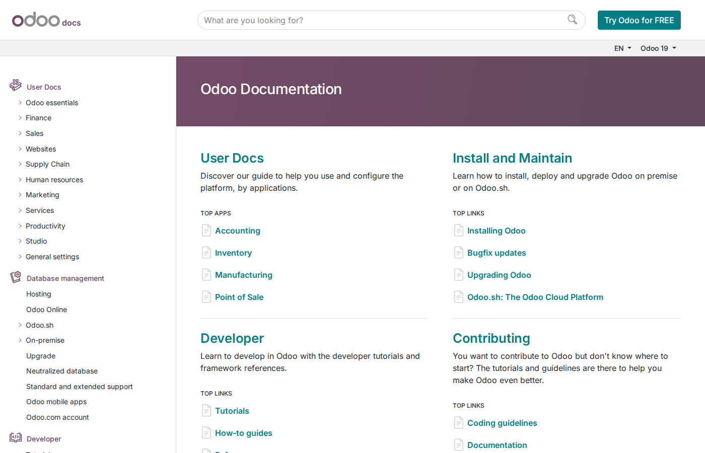 Page d'accueil de la documentation Odoo 19 officielle