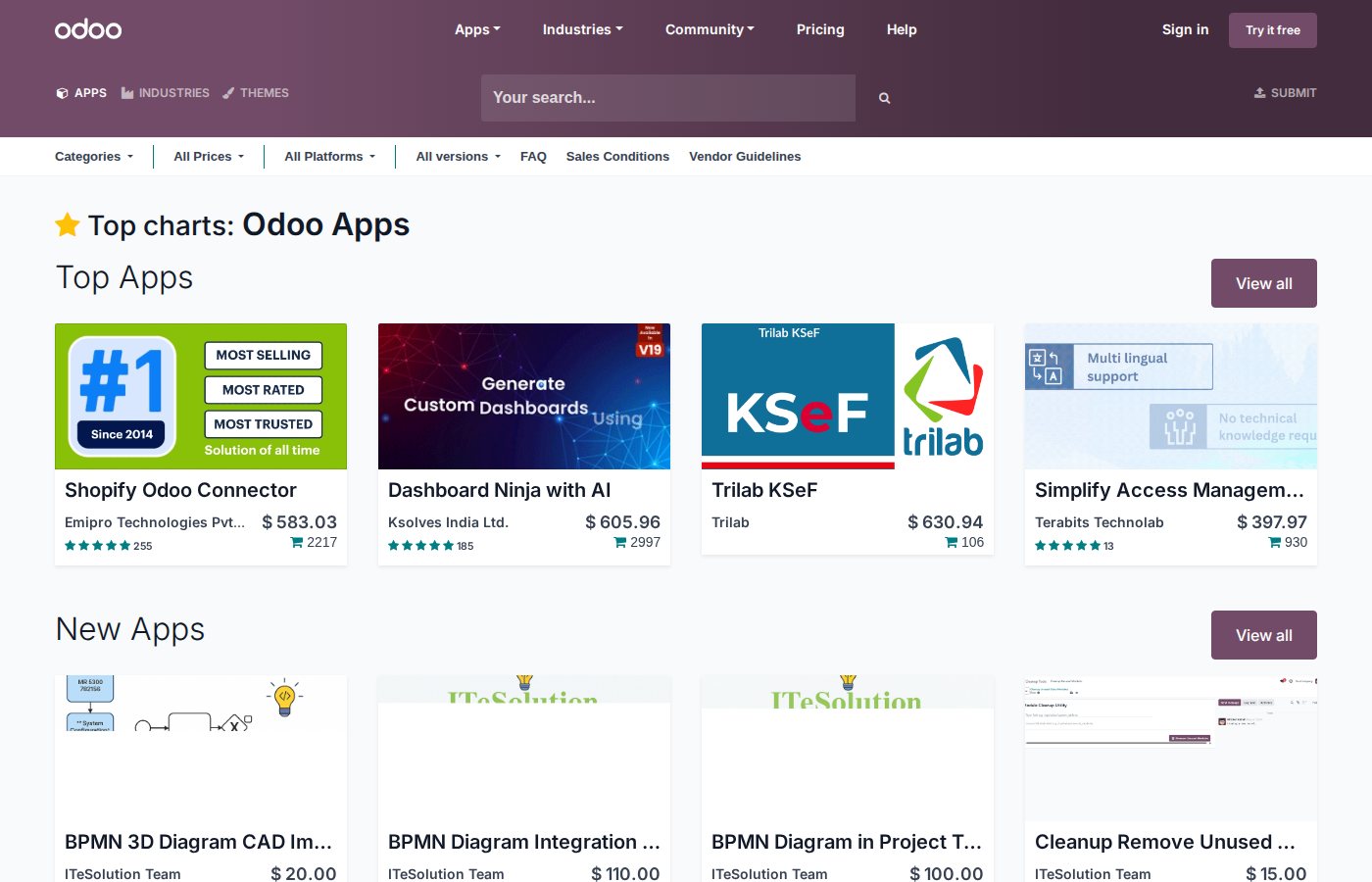 Page d accueil apps.odoo.com avec modules les plus populaires