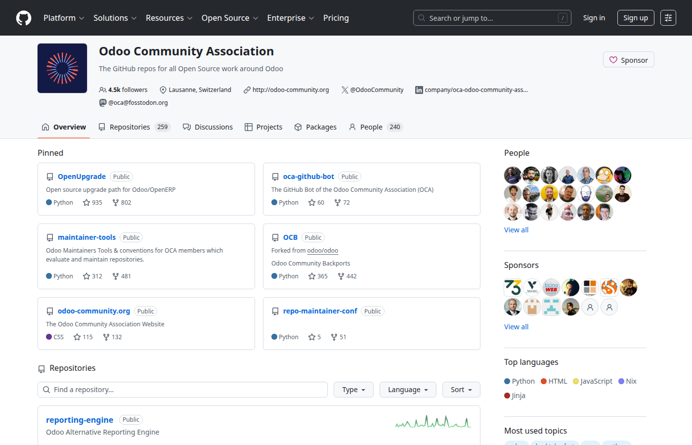 Page d accueil github.com/OCA avec la liste des dépôts de modules