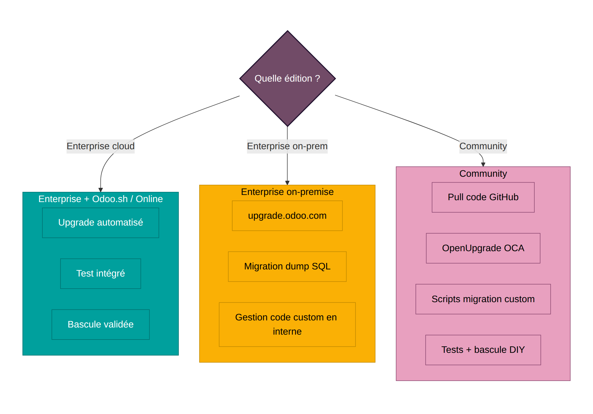 Diagramme des 3 approches d upgrade Odoo selon l edition